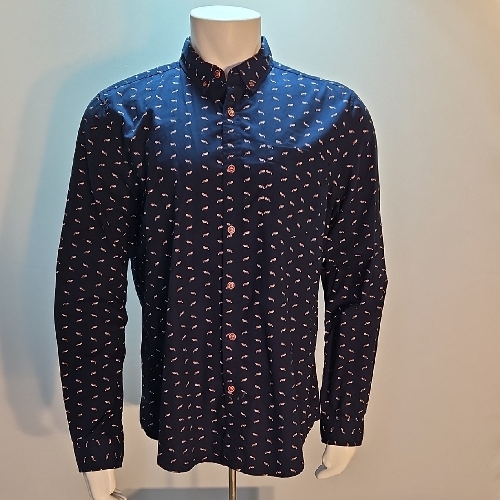 Denim & Flower Navy Blue Fox Print Slim Fit Button Down Shirt